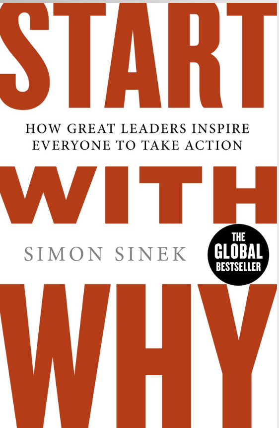 The cover of the book 'START WITH WHY' by Simon Sinek features a minimalist design in red and white, with the title text prominently displayed.